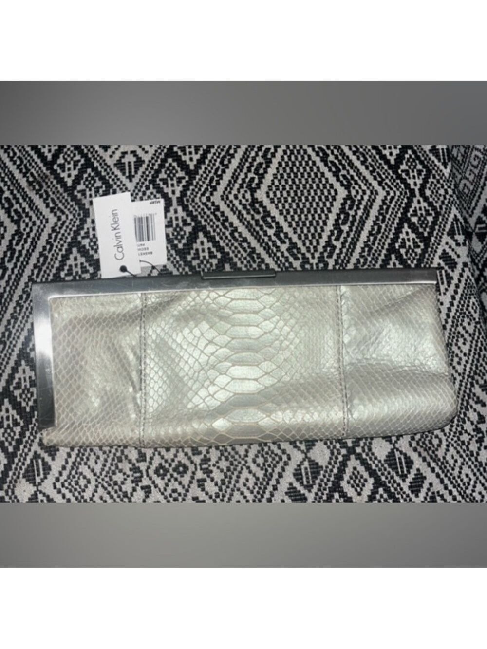 NEW Calvin Klein Mobwife Glam Snakeskin Clutch Iridescent Silver NWT Retail $125